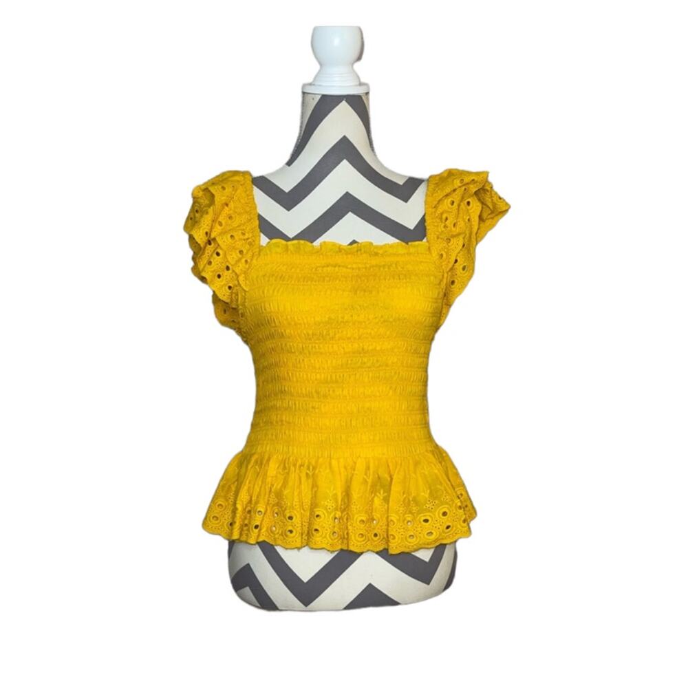 NWT House of Harlow Embroidered Shirred Yellow Peplum Eyelet Top Shirt Size XS